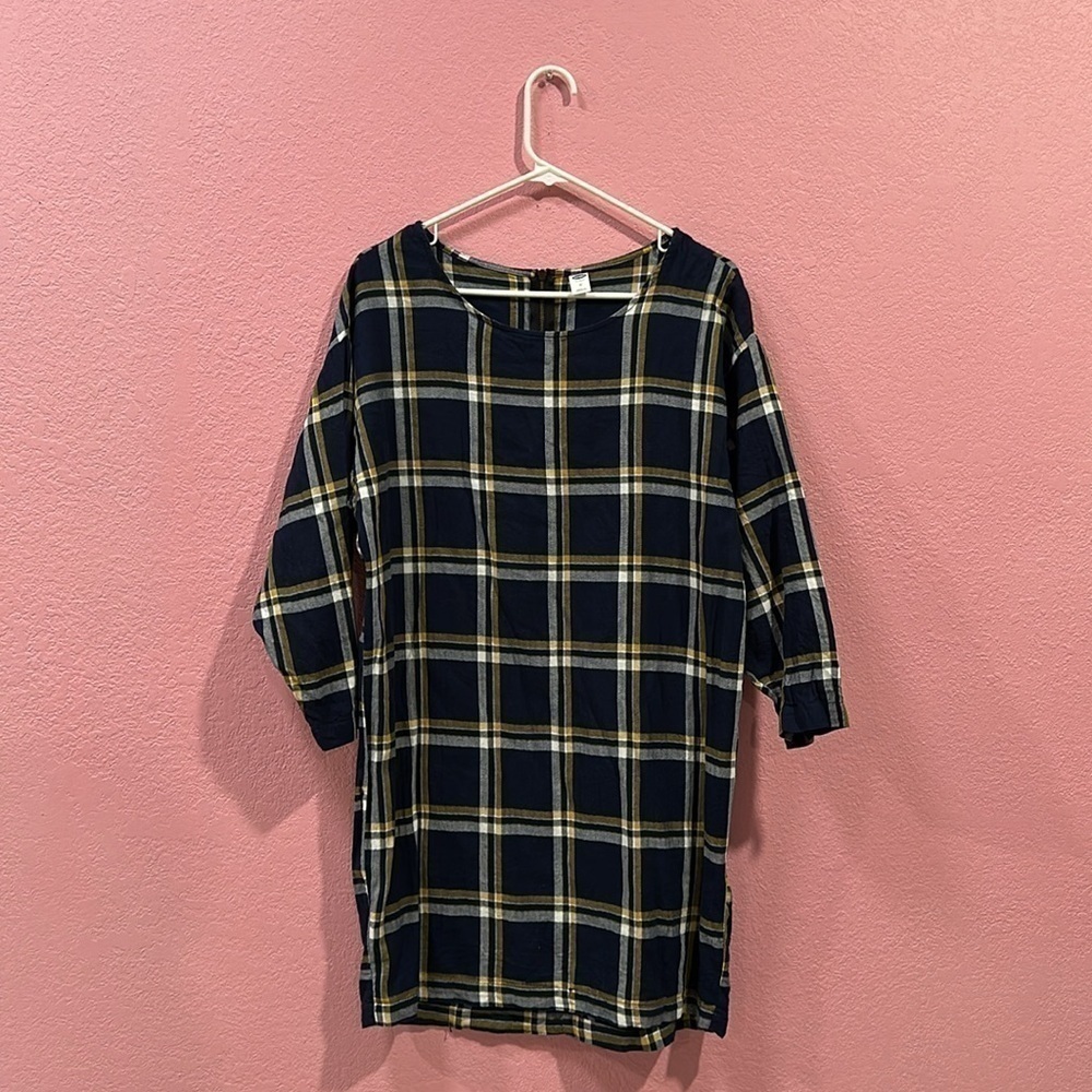 Old Navy Womens Dress Sz M Blue Plaid 3/4 Sleeve Round Neck Back Zip NC0003